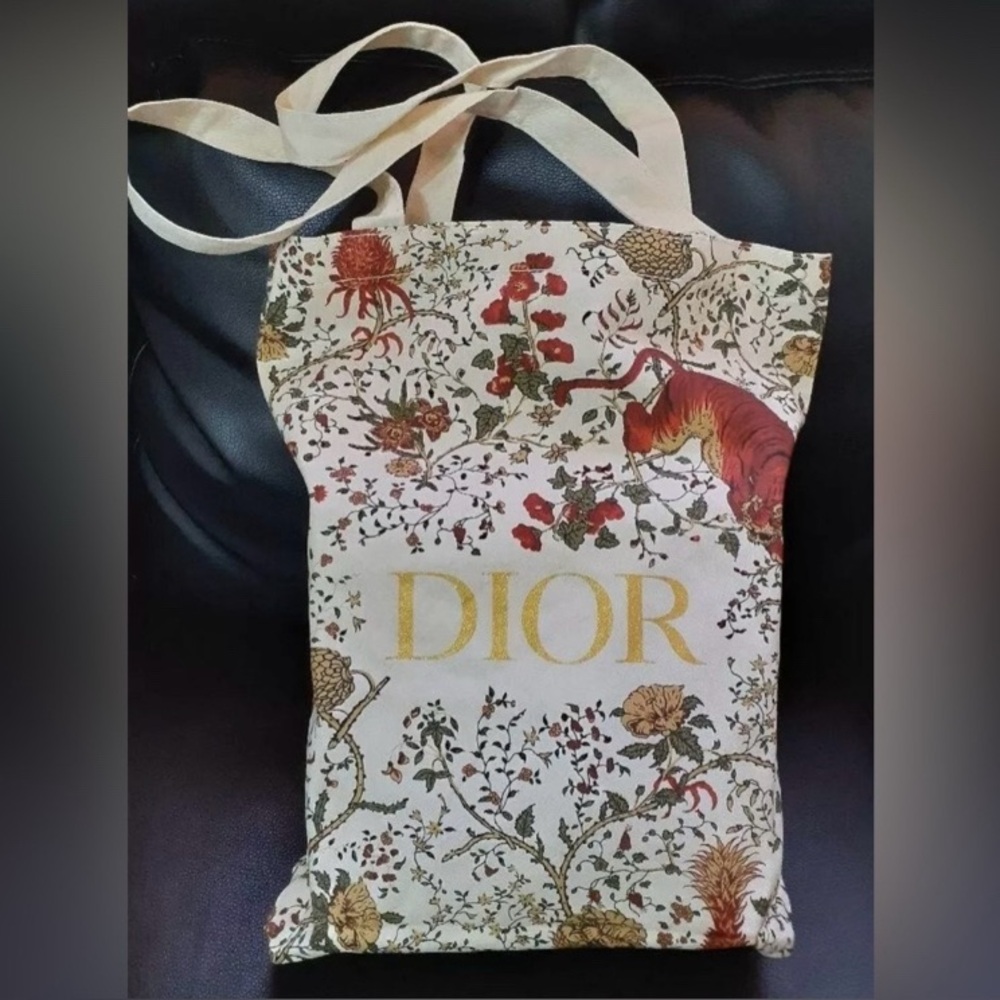 DIOR Tiger Mono Botanical Canvas Collectible Tote Bag W Gold Mono Accents